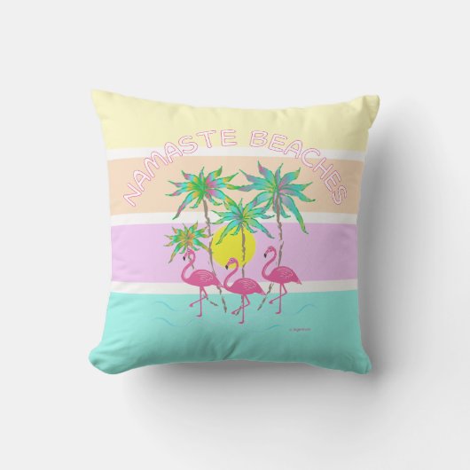 パーム付きピンクフラミンゴス、ナマステビーチ、おもしろいCa クッション (正面)