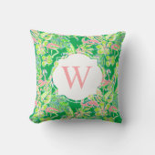 パーム名門私立校風のビーチグリーンピンクフラミンゴスモノグラム クッション (正面)