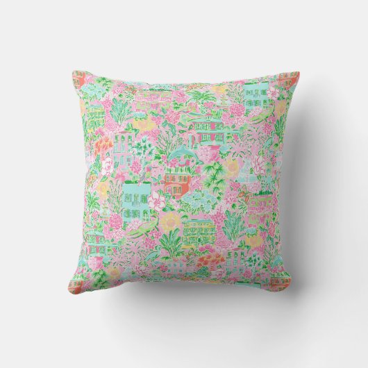 パーム名門私立校風のビーチピンクグリーンチャールストンモノグラム クッション (裏面)