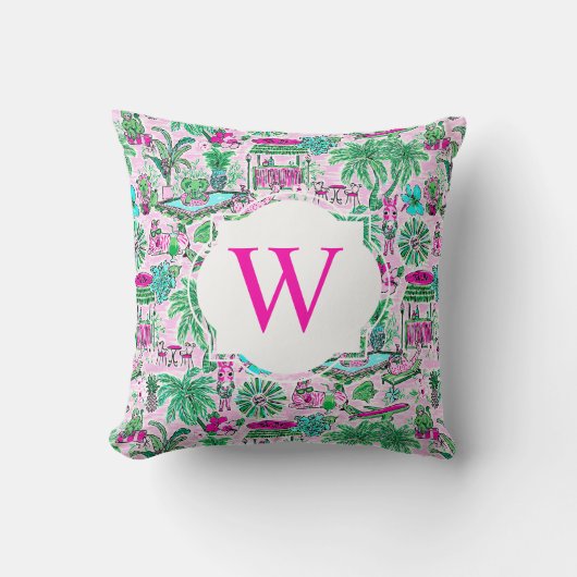 パーム名門私立校風のビーチピンクグリーンバケーションモノグラム クッション (正面)