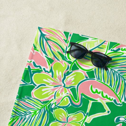 パーム名門私立校風のビーチピンクグリーンフラミンゴパーソナライズされた ビーチタオル (インサイチュ)