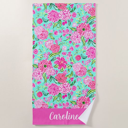 パーム名門私立校風のビーチピンクミントパーソナライズされた花 ビーチタオル (正面)