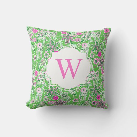 パーム名門私立校風のビーチピンク&グリーンギラフェズモノグラム クッション (正面)