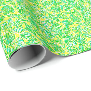 パーム名門私立校風のビーチプリントイエロー&グリーンシーシェル ラッピングペーパー