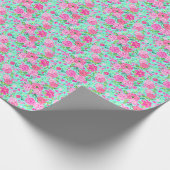パーム名門私立校風のビーチプリントティール（緑がかった色）とピンクの花 ラッピングペーパー (角)