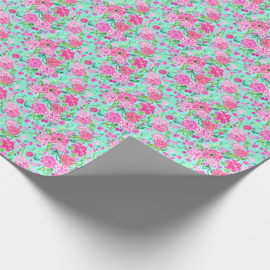 パーム名門私立校風のビーチプリントティール（緑がかった色）とピンクの花 ラッピングペーパー (角)