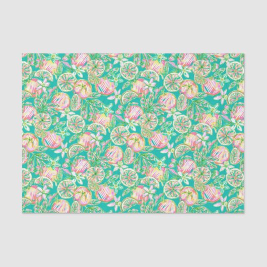 パーム名門私立校風のビーチプリントティール（緑がかった色）とピンクオレンジ 薄葉紙 (正面)