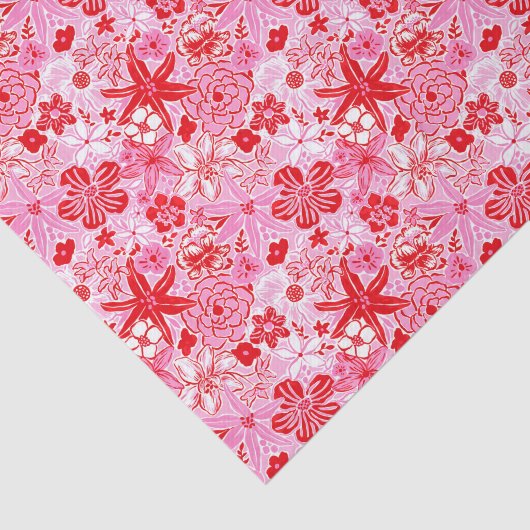 パーム名門私立校風のビーチプリントピンクと赤の花 薄葉紙 (詳細)