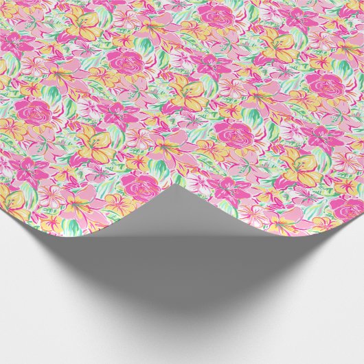 パーム名門私立校風のビーチプリントピンク&イエローリリー花 ラッピングペーパー (角)