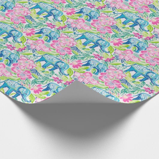 パーム名門私立校風のビーチプリントブルーとピンクゾウ ラッピングペーパー (角)