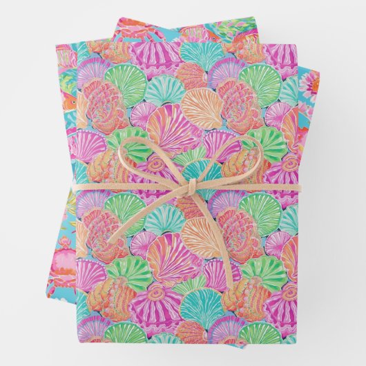 パーム名門私立校風のビーチ海シェルカニの魚のパターン ラッピングペーパーシート (インサイチュ)