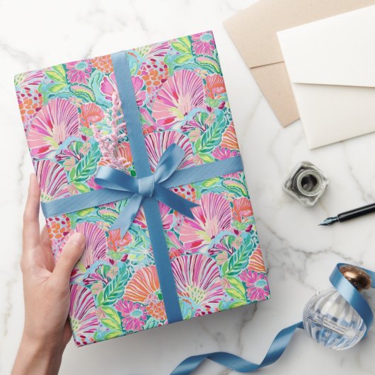 パーム名門私立校風のビーチ海シェルパターン ラッピングペーパー (ギフト)