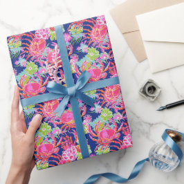 パーム名門私立校風のビーチ海フローラカニのパターン ラッピングペーパー