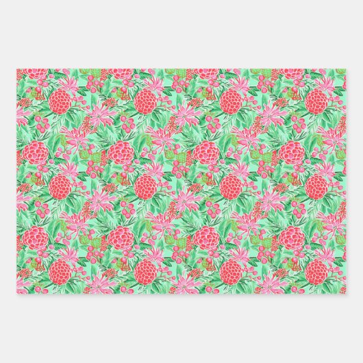 パーム名門私立校風のビーチ熱帯花パターン ラッピングペーパーシート (正面3)