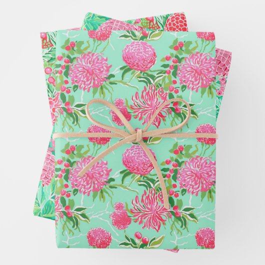 パーム名門私立校風のビーチ熱帯花パターン ラッピングペーパーシート (インサイチュ)