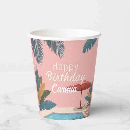 パーム春サマーアダルトバースデーパーティーピンク 紙コップ (正面)