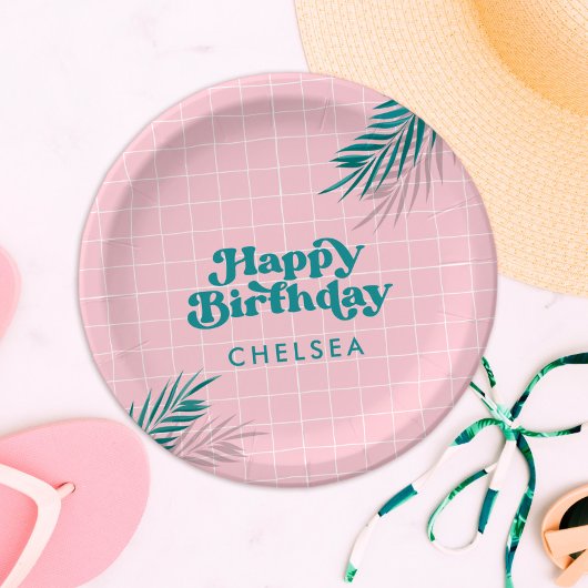 パーム春プールパーティーピンクアダルト誕生日 ペーパープレート