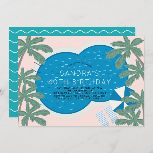 パーム春プールパーティーピンクアダルト誕生日 招待状 (正面/裏面)