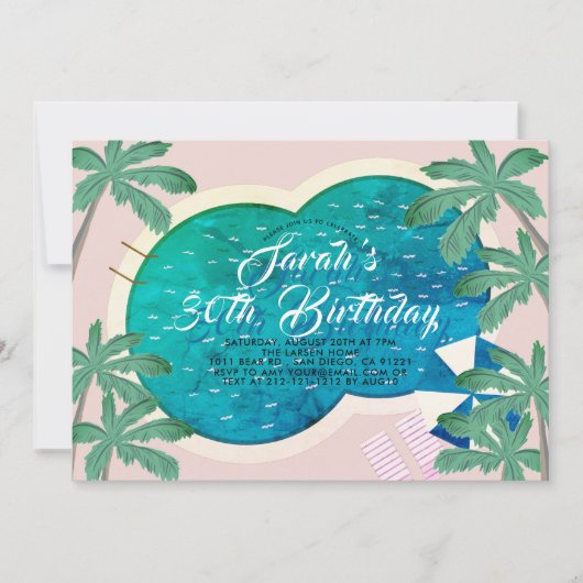 パーム春プールパーティーピンクアダルト誕生日 招待状 (正面)