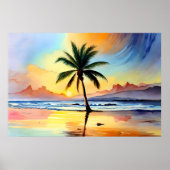 パーム絵を描ツリーの夕日にビーチを飾る ポスター (正面)