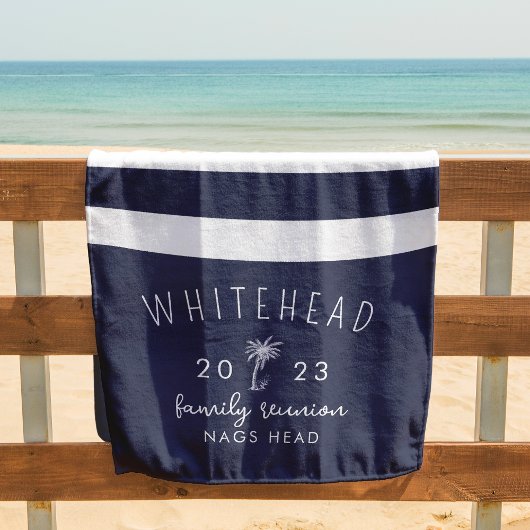パーム航海のストライプネイビーモノグラム ビーチタオル