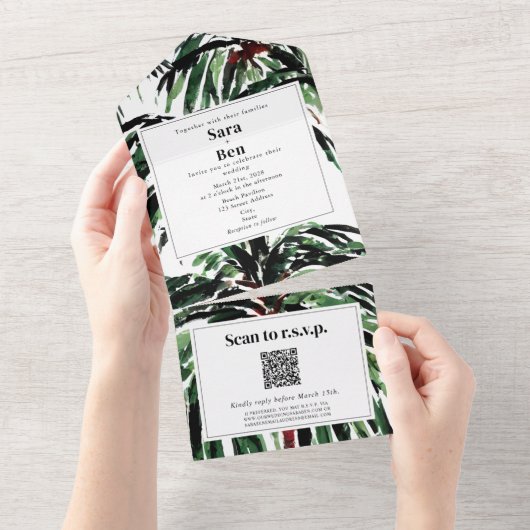 パーム色彩の鮮やかツリービーチ結婚式QRコードRSVP オールインワン招待状 (貼ってはがせる)
