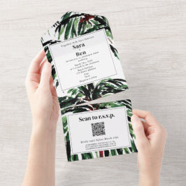 パーム色彩の鮮やかツリービーチ結婚式QRコードRSVP オールインワン招待状