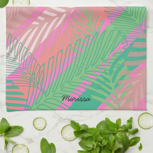 パーム葉ストライプカラフルモノグラムの キッチンタオル (折り畳み)