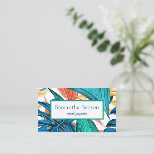 パーム葉ストロピカルアイランドグリーン&ホワイトスクエア 名刺 (スタンド正面)