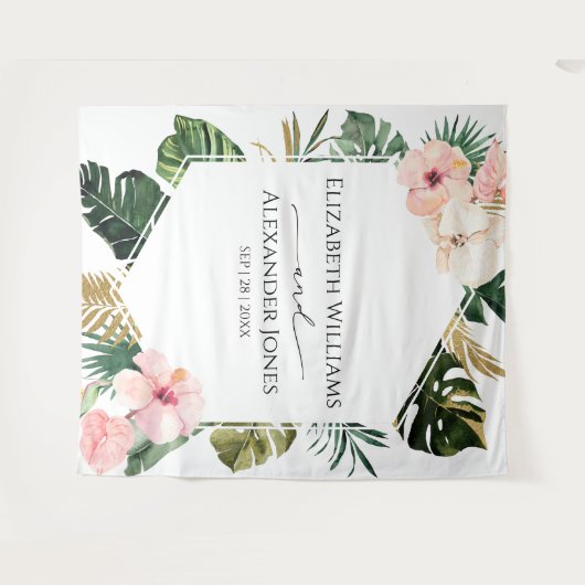 パーム葉ハイビスカスのトロピカル結婚的な背景 タペストリー (正面(横))