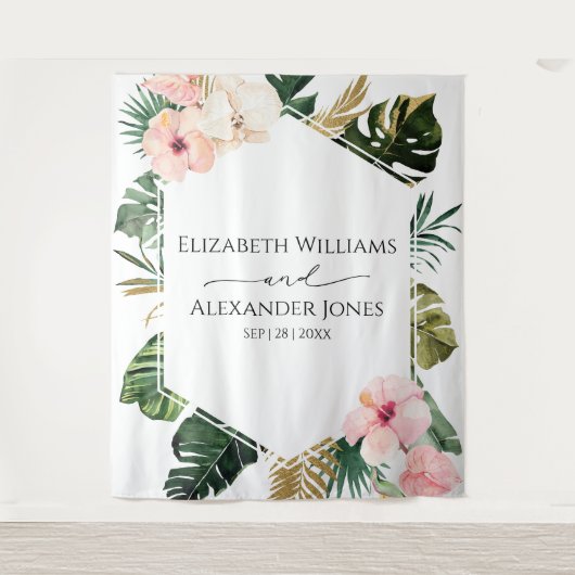 パーム葉ハイビスカスのトロピカル結婚的な背景 タペストリー (正面)