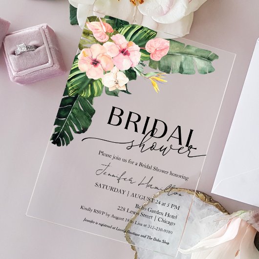 パーム葉ハイビスカス熱帯フローラブライダルシャワー アクリル招待状