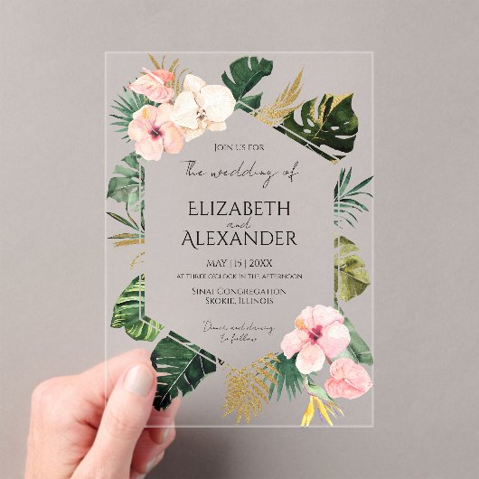 パーム葉ハイビスカス熱帯緑結婚園 アクリル招待状 (インサイチュ (ポータブル))