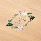 パーム葉ハイビスカス熱帯緑結婚園 アクリル招待状 (レイダウン)