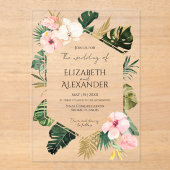 パーム葉ハイビスカス熱帯緑結婚園 アクリル招待状 (正面)