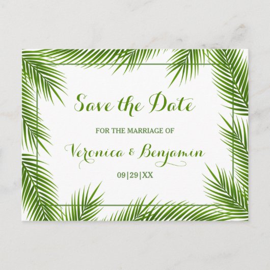 パーム葉ビーチ結婚式熱帯の日付を保存 案内ポストカード (正面)