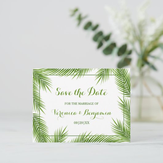 パーム葉ビーチ結婚式熱帯の日付を保存 案内ポストカード (スタンド正面)
