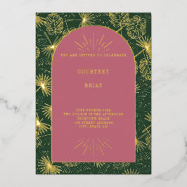 パーム葉ピンク+グリーンビーチ結婚式 箔招待状