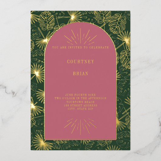 パーム葉ピンク+グリーンビーチ結婚式 箔招待状 (正面)