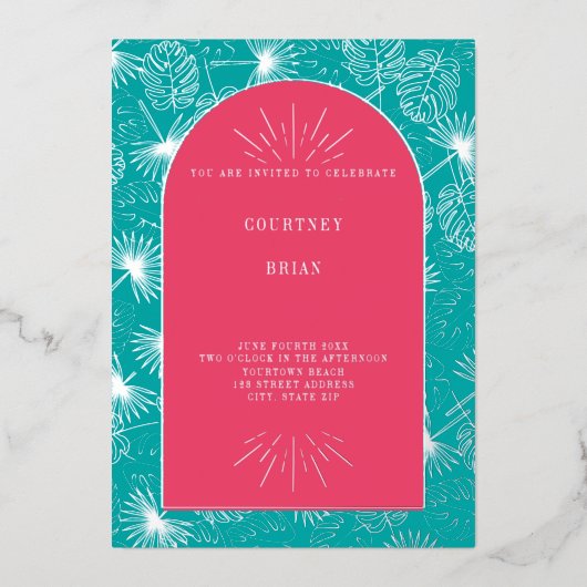 パーム葉ピンク+ブルービーチ結婚式 箔招待状 (正面)