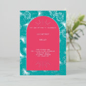 パーム葉ピンク+ブルービーチ結婚式 箔招待状 (立ち正面)