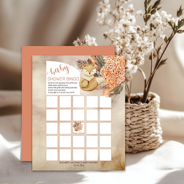 パーム葉 |あじさいキツネ赤ちゃんシャワービンゴカード (Boho Palm Leaves and Hydrangeas Sleeping Fox Baby Shower Bingo Card)