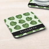 パーム葉、トロピカルパターン、お名前 コースター (左側)