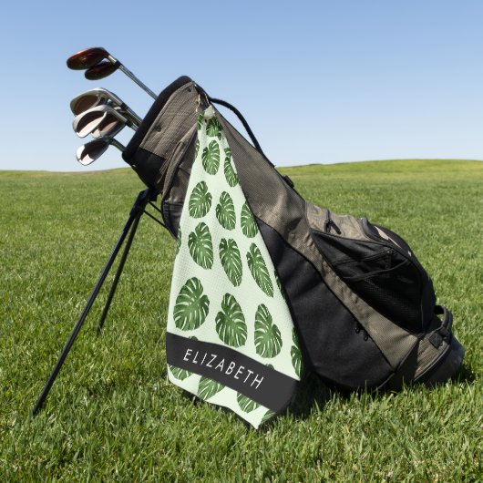 パーム葉、トロピカルパターン、お名前 ゴルフタオル (グリーン)