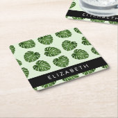 パーム葉、トロピカルパターン、お名前 スクエアペーパーコースター (アングル)