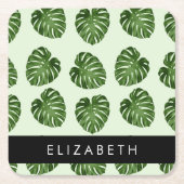 パーム葉、トロピカルパターン、お名前 スクエアペーパーコースター (正面)