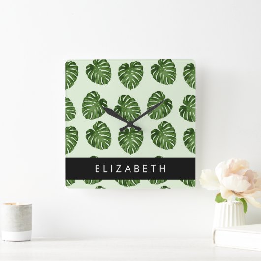 パーム葉、トロピカルパターン、お名前 スクエア壁時計 (ホーム)