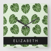 パーム葉、トロピカルパターン、お名前 スクエア壁時計 (正面)