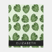 パーム葉、トロピカルパターン、お名前 フリースブランケット (正面)