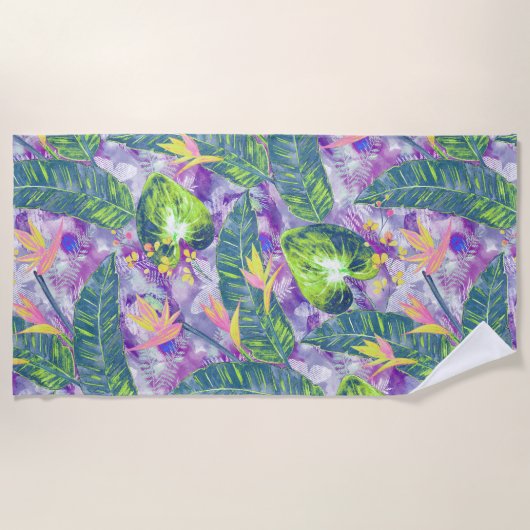 パーム葉、トロピカル、ボタニカル、カラフル ビーチタオル (正面)